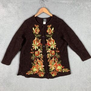 VTG Susan Bristol Cardigan Sweater Plus 2W Brown Hand Embroidered‎ Floral Rare